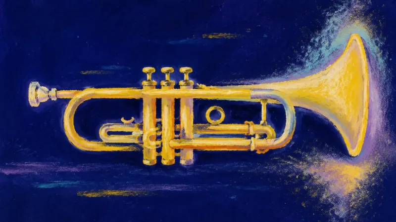 Restored Resonance An abstract trumpet restored to clean order, symbolizing self-trust, honest expression, and a calmer