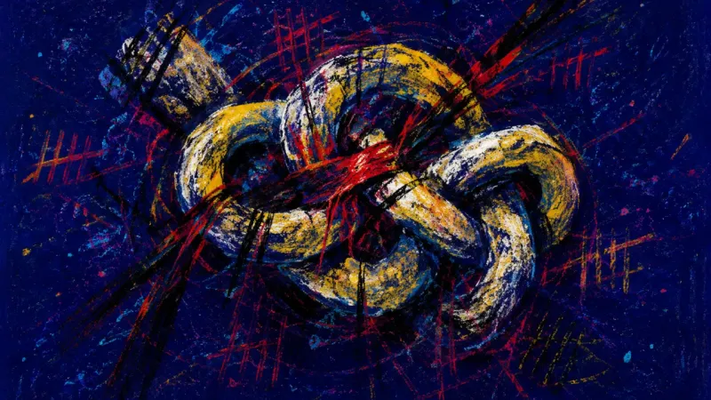 Knot of Obligation An abstract chain knotted and constricted, representing guilt, overthinking, and the oppressive imba