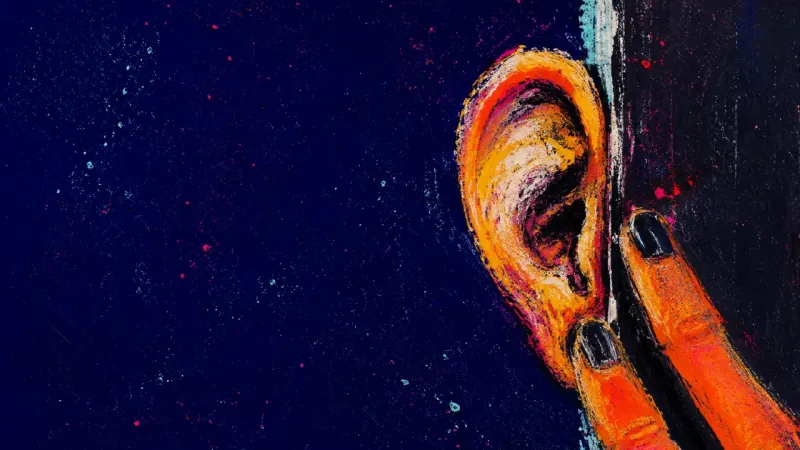 An abstracted ear pressed hard to a closed door seam, capturing the urge to decode exclusion instead