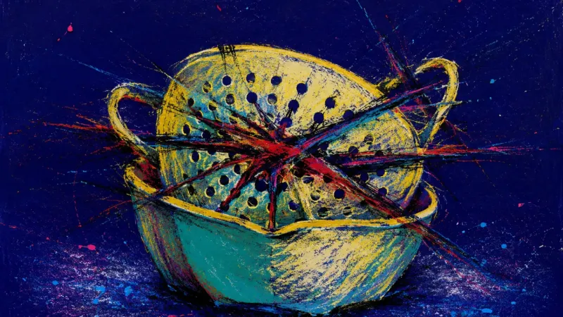 Grid Under Pressure A warped colander tangled by dense lines, representing acquisition decision overload and collapsing