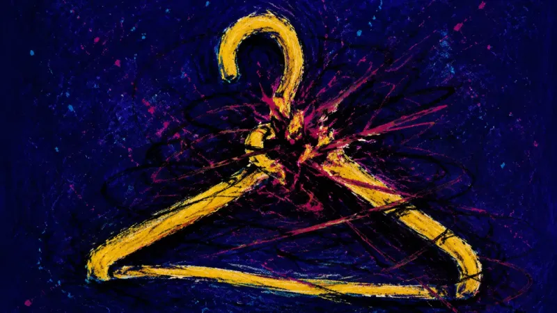 A distorted hanger bound in chaotic marks, representing the strain of avoiding direct boundaries