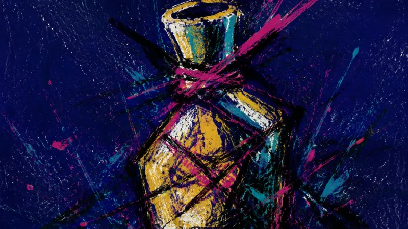Choked Vessel A bottle cinched and distorted by chaotic pressure, representing public conflict, self-censorship, a