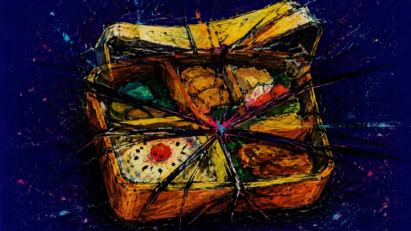 Collapsed Compartments A distorted bento box with crushed dividers and tangled marks, representing work-life imbalance, dep