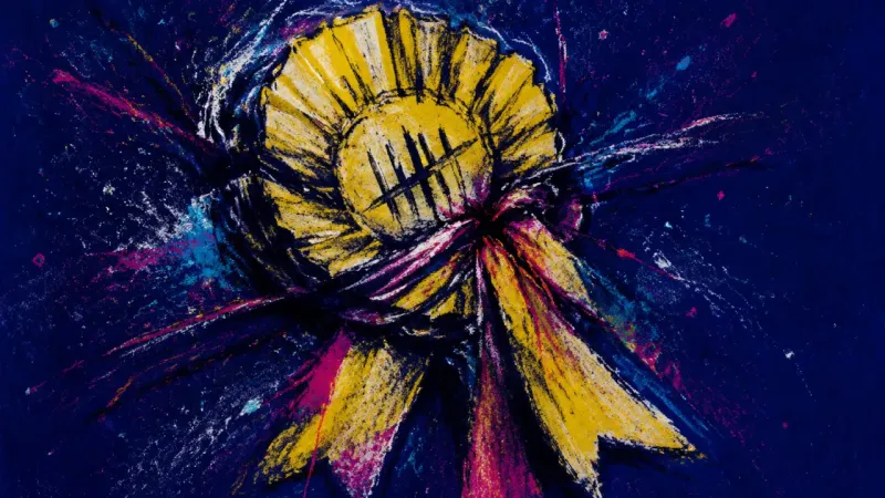 Applause on Trial A distorted rosette tangled under harsh marks, representing achievement-based shame, self-judgment,