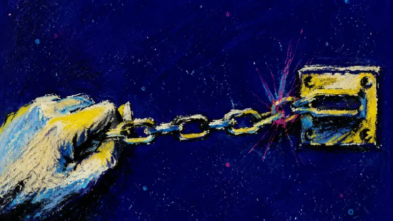 A hand yanks a door chain latch into a jam, echoing the reflex to shut people out before naming what