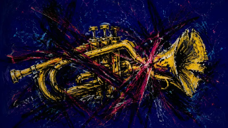 Choked Call A distorted trumpet trapped in chaotic marks, representing resume shame, self-criticism, and fear of