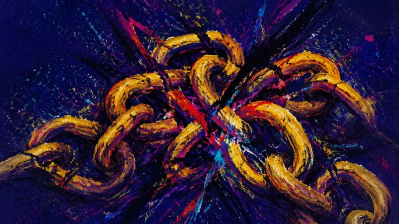 An abstract chain twisted into a hard self-knot, expressing comparison-driven career paralysis and