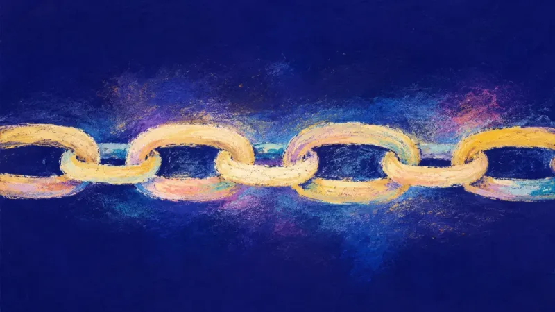 An abstract chain reopened into an even sequence, expressing self-authored direction built through