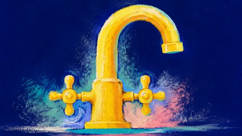 Measured Release An abstract faucet restored to balanced order, representing clear boundaries, self-trust, and a
