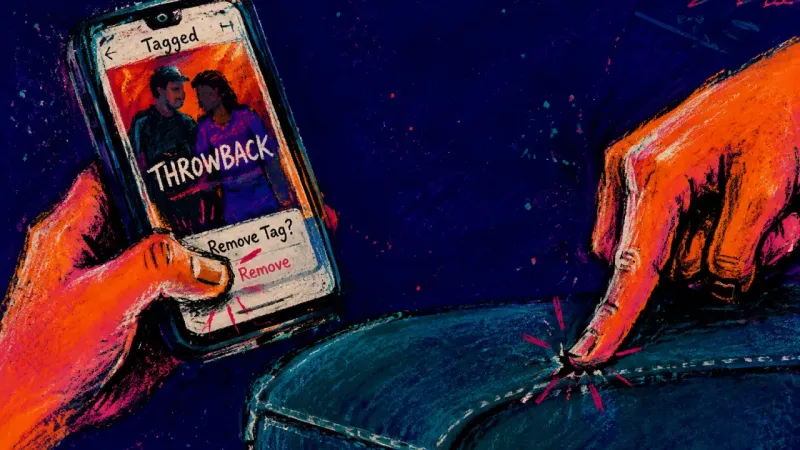 Archive Without Consent A phone showing a tagged throwback while one thumb removes the tag and the other hand digs into a c