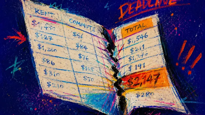 Totals Under Pressure A rent-and-commute spreadsheet folded into a hard crease that crushes several total columns together