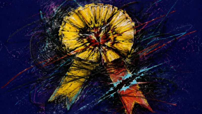 Crushed Merit A collapsed rosette tangled in dense disorder, representing comparison loops and the pressure of tre