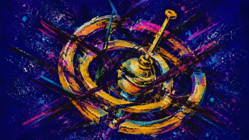 A gyroscope warped out of balance, representing the strain of trying to control work, money, and