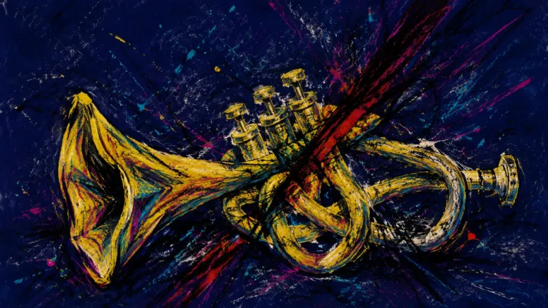 Choked Signal A warped trumpet tangled in dense marks, representing the frozen self-editing of career identity