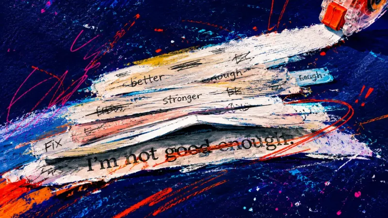Edited for Belonging A self-evaluation sentence buried under layered correction strips, symbolizing approval-driven over-