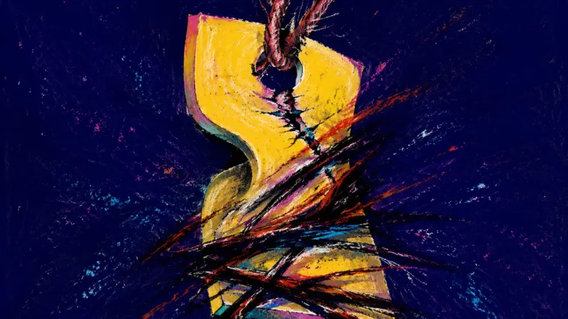 Knotted Consent A distorted hang tag caught in dense crossing lines, expressing online boundary anxiety, overthink