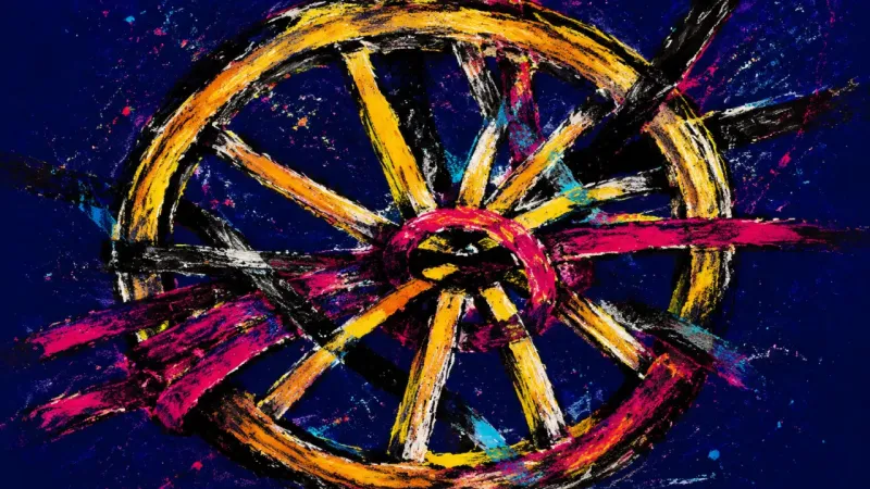 Seized Rotation A warped wheel jammed by chaotic marks, symbolizing RTO decision paralysis, deadline pressure, and a