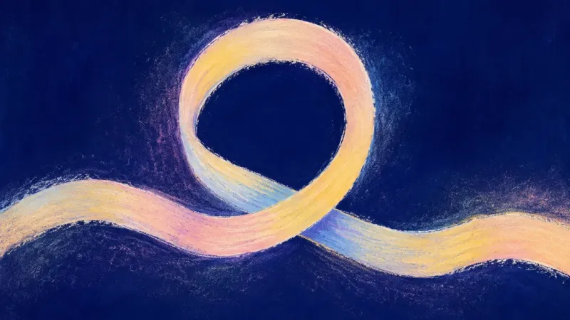 An abstract ribbon restored into a clean open loop, representing calm boundaries, self-trust, and a