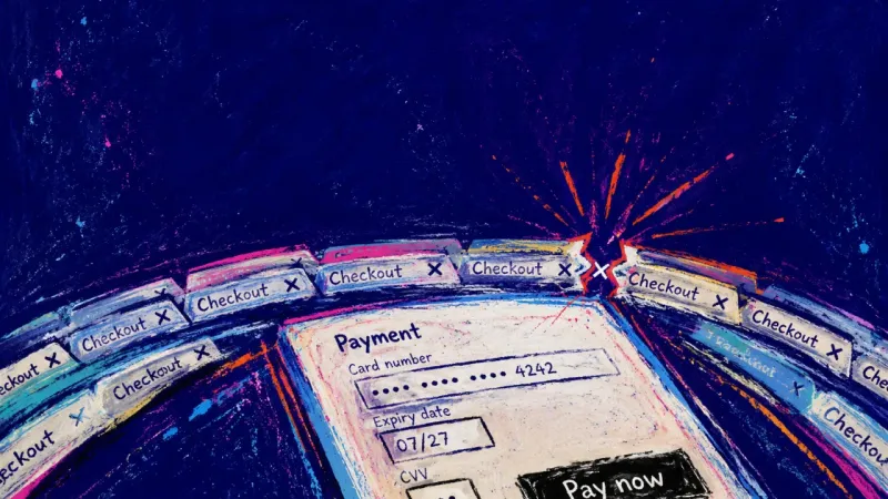Duplicate checkout tabs crushed into overlapping slivers, symbolizing bootcamp decision paralysisand