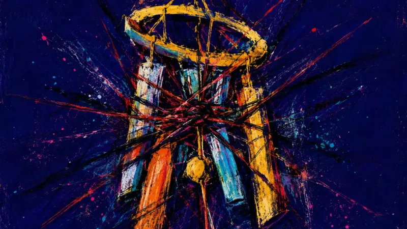 Choked Resonance A distorted wind chime tangled into itself, expressing the pressure to perform and the loss of an au