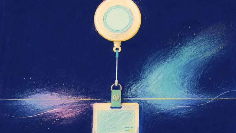Measured Momentum An abstract image of career self-trust returning, where a badge reel regains alignment, balance, and