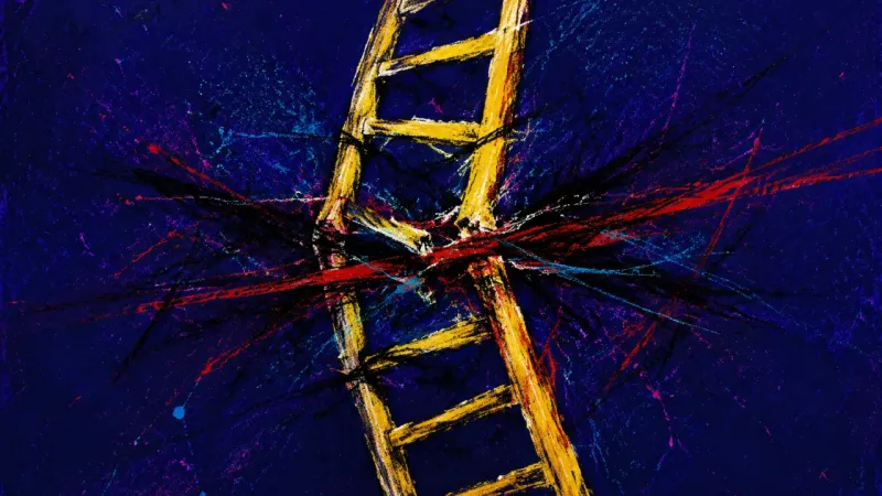 Broken Sequence A distorted ladder caught in a knot of marks, representing overwhelm from constant task switching a