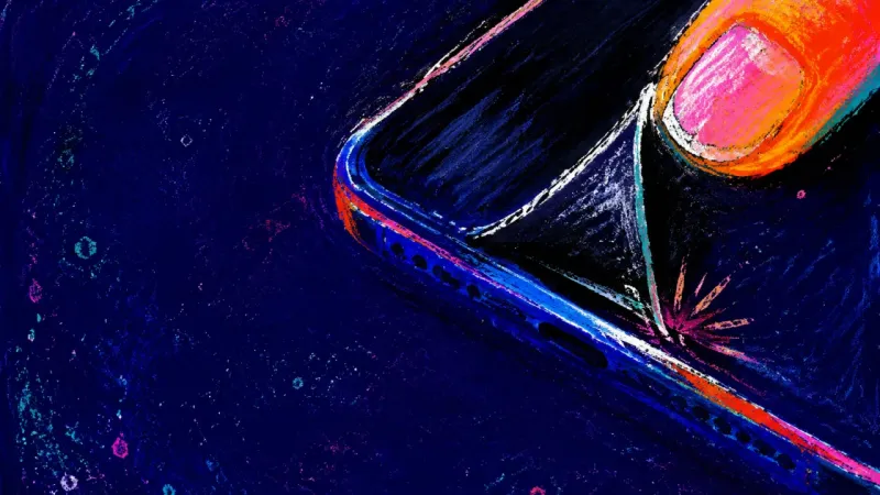 A phone with its privacy screen peeled into a sharp flap, symbolizing the strain of searching for 안전