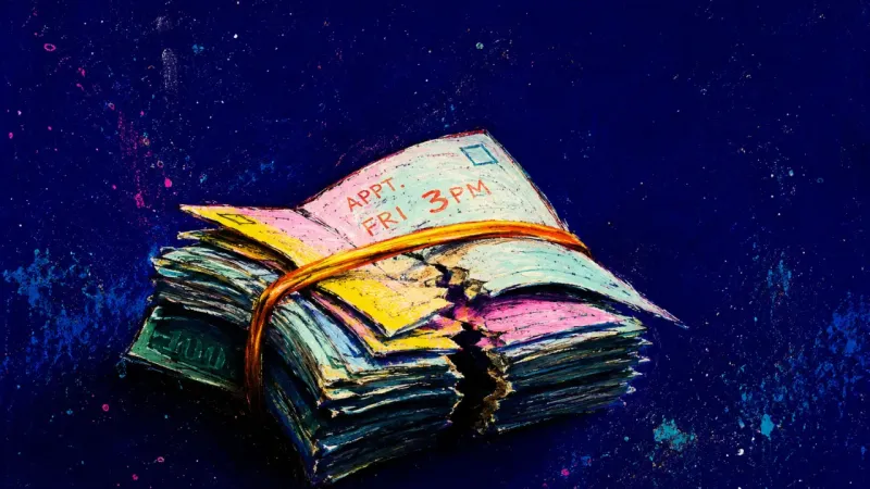 The Compressed Week Folded bills and appointment cards squeezed under a stretched band, suggesting how one family ask sw