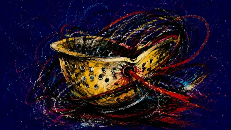 Choked Filter A warped colander tangled in chaotic lines, representing overwhelm and guilt when family requests cr