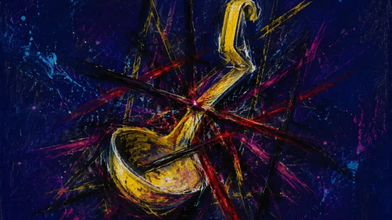 A warped ladle tangled in chaotic marks, representing the pressure of carrying a partner's silence a