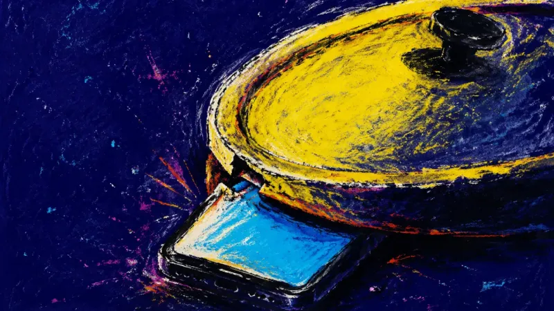 A phone pinned beneath a skewed pot lid, symbolizing after-hours client emails that interrupt dinner
