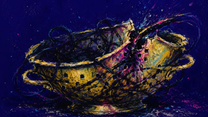 An abstract colander crushed and clogged by chaotic pressure, representing work boundaries