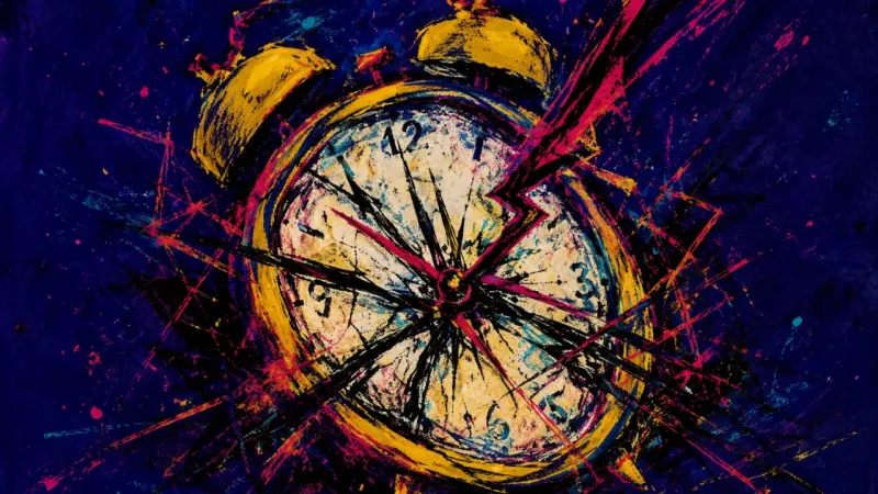 Fractured Hour An alarm clock bent into a tangled, pressured form, representing midterm overload, fractured attenti