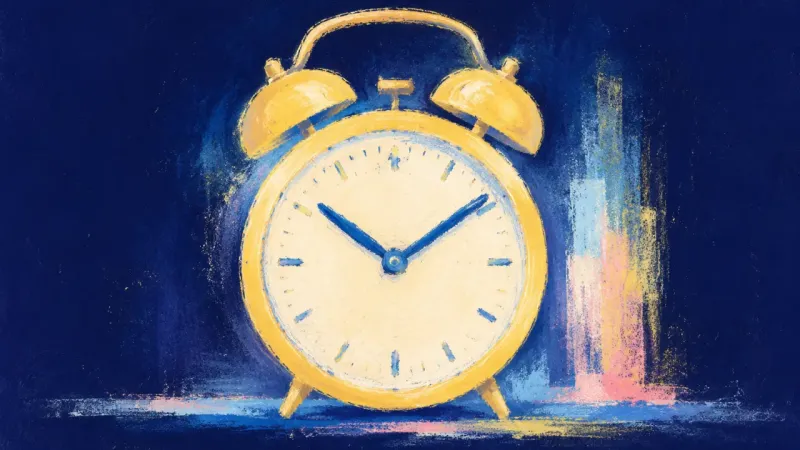 Recovered Timing An alarm clock restored to a calm, balanced form, representing clearer priorities, protected rest, a