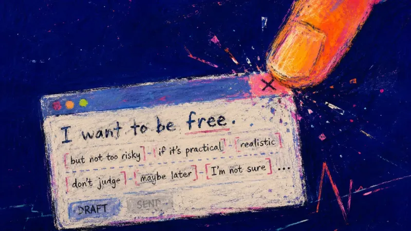 Before the Verdict A finger closes a therapy intake tab after crowding a goal sentence with caveats, symbolizing fear,
