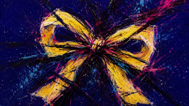 Knotted Distinction A ribbon bow twisted into a hard knot and crossed by chaotic marks, representing identity anxiety, c
