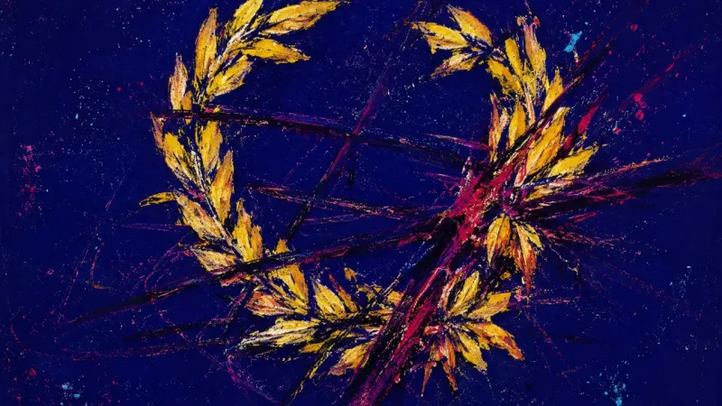 Wreath Under Siege A distorted laurel wreath under chaotic pressure, representing approval dependence, anxious scorekee