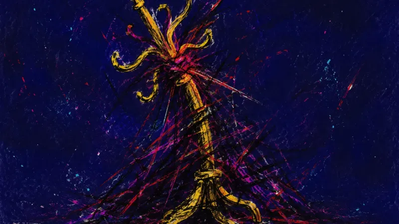 A bowed coat rack tangled in chaotic lines, representing overcommitment, scattered focus, and the p
