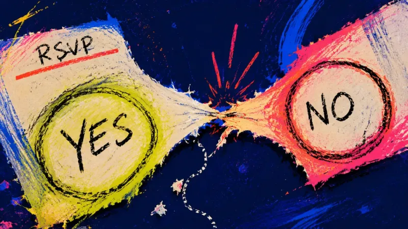 Between Yes and No A wedding RSVP card with the yes and no circles rubbed almost into one tear, reflecting people-pleas