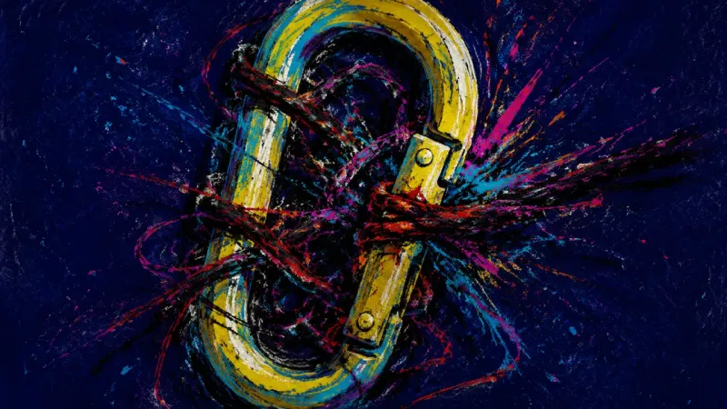 Jammed Connection An abstract carabiner warped shut by chaotic lines, expressing communication paralysis, fear of judg