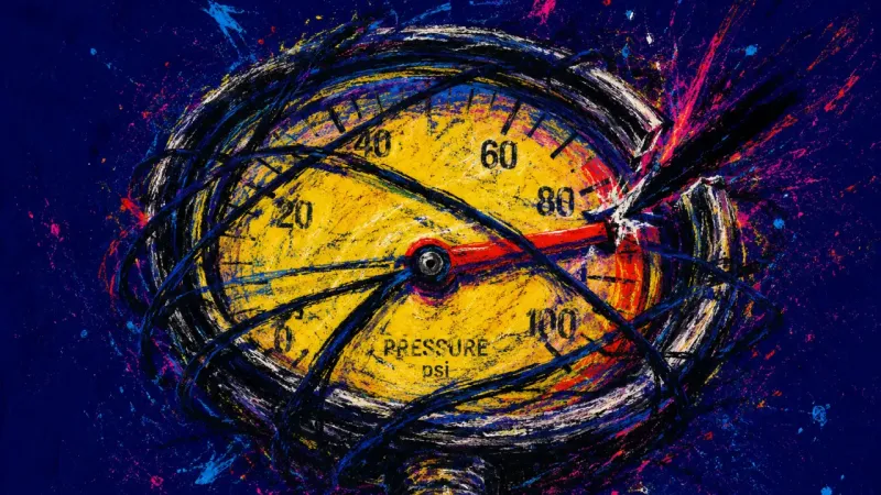 Jammed Signal A distorted pressure gauge with a stuck needle, symbolizing meeting stress, body overload, and thecr