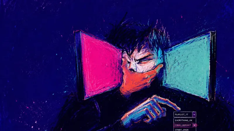 The Unchosen Line An abstracted student caught between two screens, gripping the jaw while hesitating over a track‑se