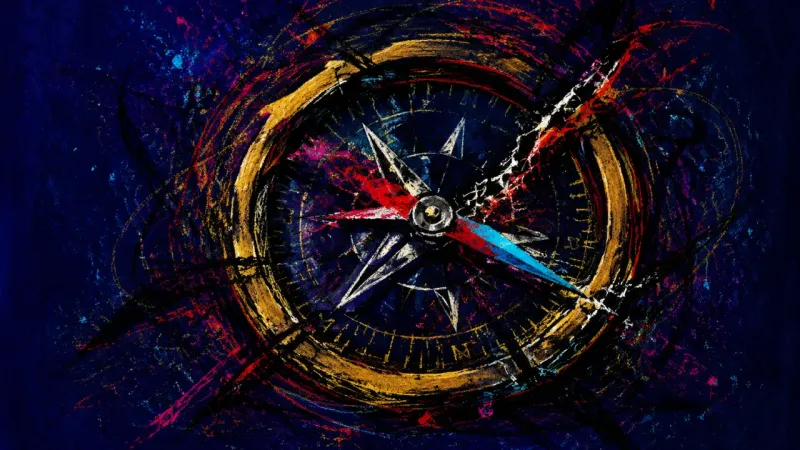 Lost Bearing A warped compass pinned by frantic crossing marks, symbolizing deadline-driven decision paralysis,