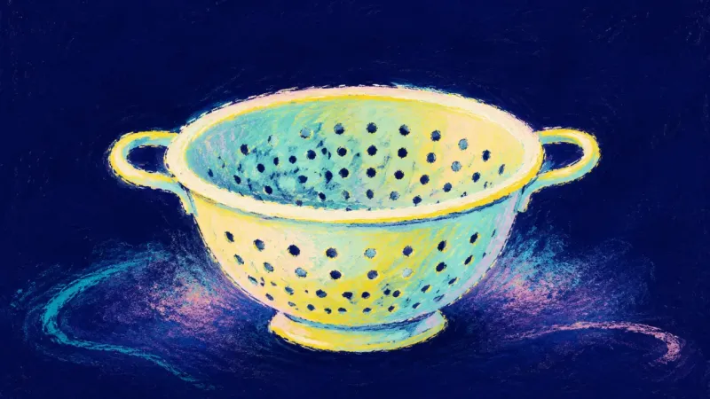 Open Throughline A restored colander with an open, orderly form, symbolizing code review as collaboration, steadier s