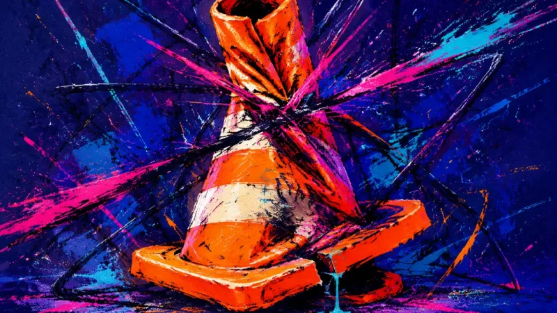 Crushed Signal An abstract traffic cone appears twisted and trapped in chaotic marks, expressing the strain of