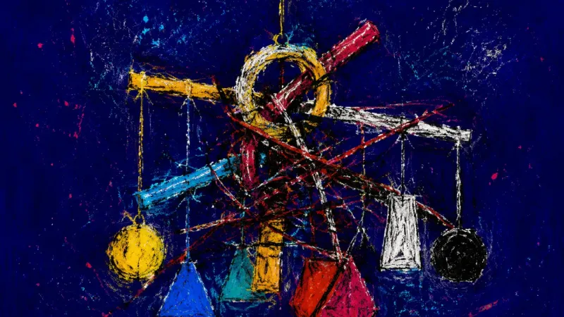 An abstract mobile sculpture tangled and compressed into imbalance, expressing the pressure of un