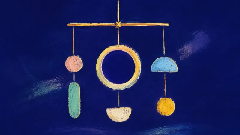 An abstract mobile sculpture restored to balanced spacing, expressing clear family money rules and a