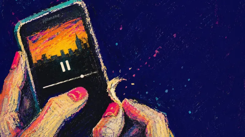 Before the Tap A thumb hovers over a paused phone memory while the other hand peels a cuticle, capturing a midnight