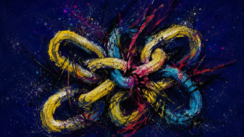 Choked Cadence An abstract chain tangled into a choking knot, representing compulsive nostalgia and the habit of m