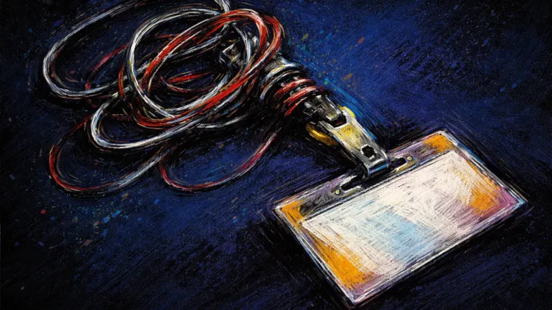 Access in Knots A tangled badge reel with the work pass hanging backward, symbolizing the pressure of deciding what,